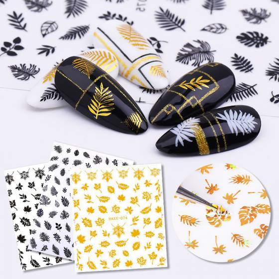 1pc 3d Nail Sticker Gold Black Flower Leaf Series Adhesive Nail Decals Laser Nail Tips Decoration